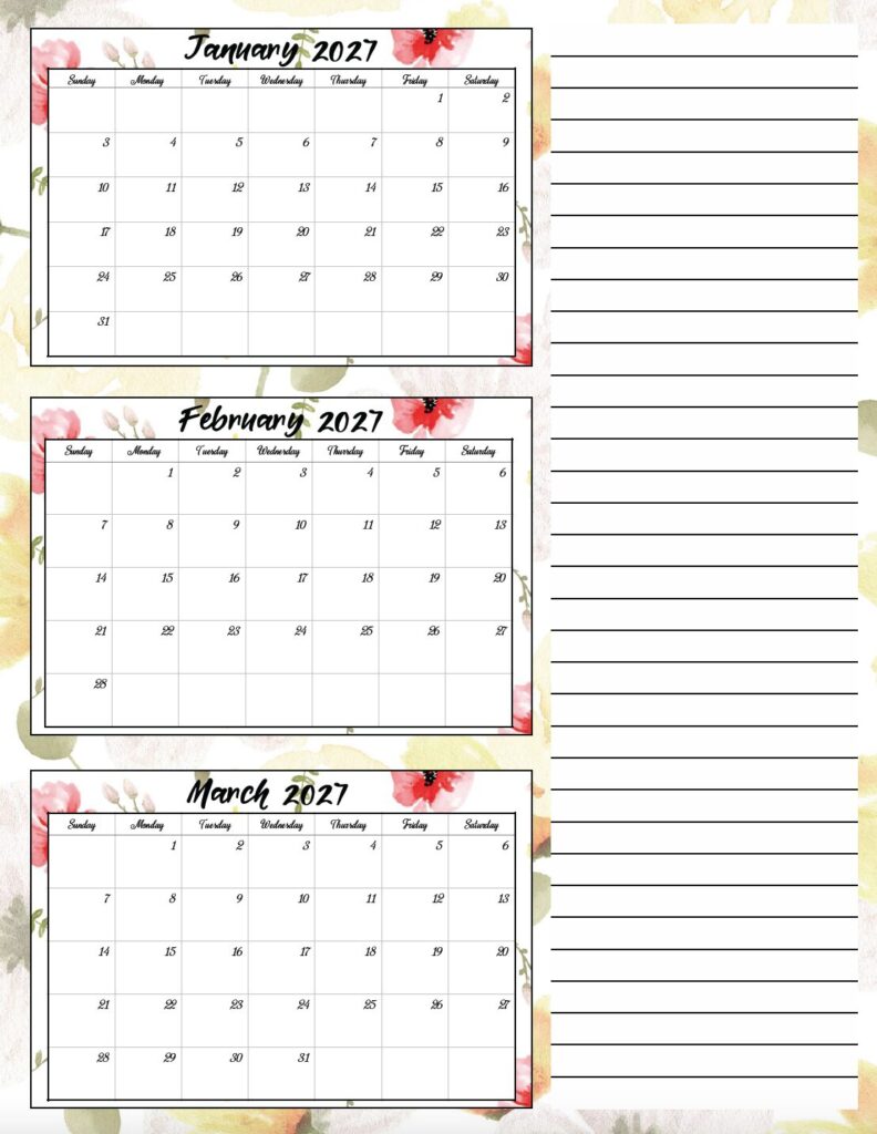 Download a free printable floral 2027 three month calendar PDF. This beautiful three month calendar helps you stay organized while adding a touch of floral style.