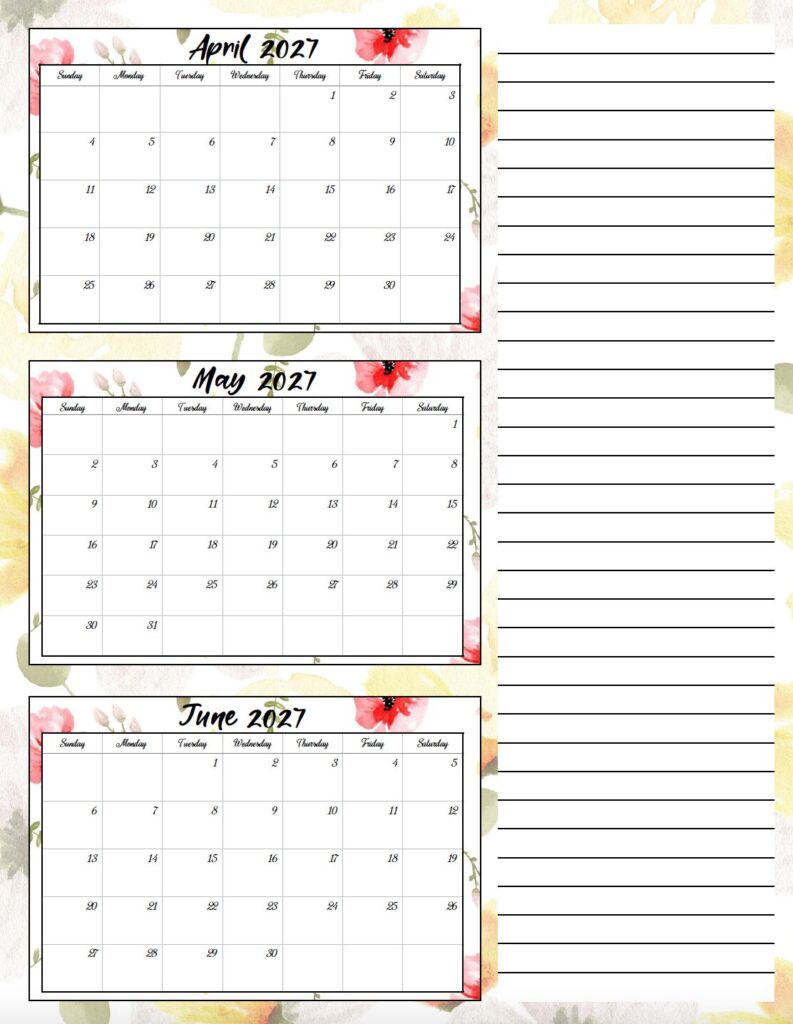 Download a free printable floral 2027 three month calendar PDF. This beautiful three month calendar helps you stay organized while adding a touch of floral style.