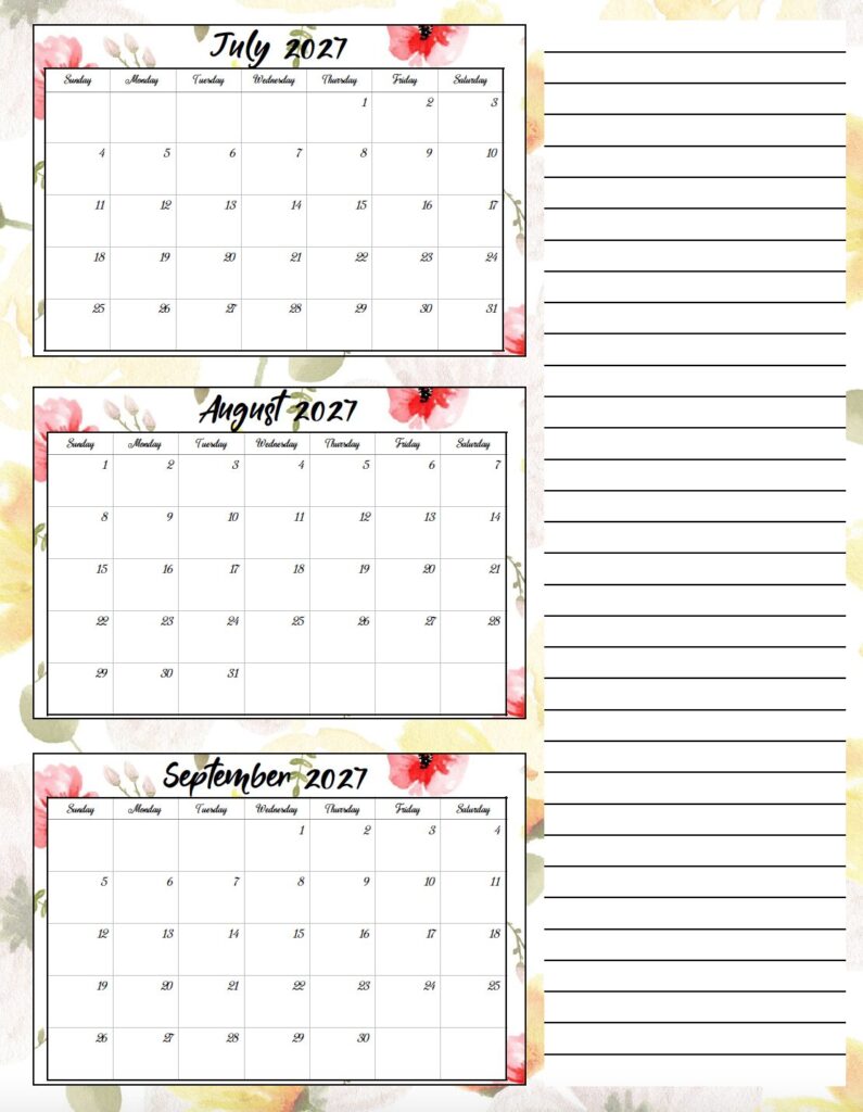Download a free printable floral 2027 three month calendar PDF. This beautiful three month calendar helps you stay organized while adding a touch of floral style.
