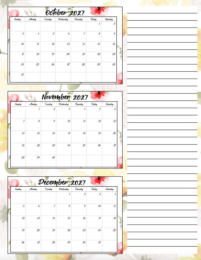 Download a free printable floral 2027 three month calendar PDF. This beautiful three month calendar helps you stay organized while adding a touch of floral style.
