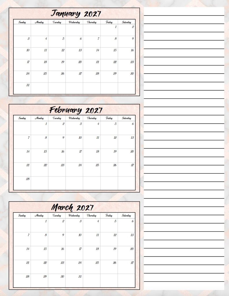 Download an elegant free printable 2027 three month calendar PDF with rose gold and gray marble accents. This stylish quarterly calendar for 2027 is perfect for organizing work, school, family schedules, and appointments.