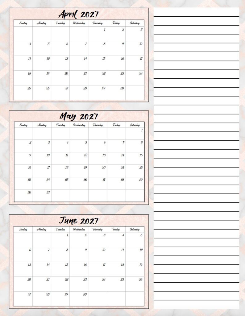 Download an elegant free printable 2027 three month calendar PDF with rose gold and gray marble accents. This stylish quarterly calendar for 2027 is perfect for organizing work, school, family schedules, and appointments.