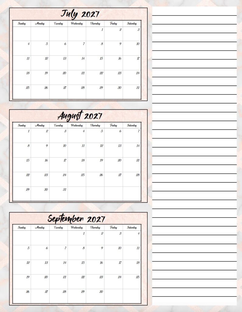 Download an elegant free printable 2027 three month calendar PDF with rose gold and gray marble accents. This stylish quarterly calendar for 2027 is perfect for organizing work, school, family schedules, and appointments.