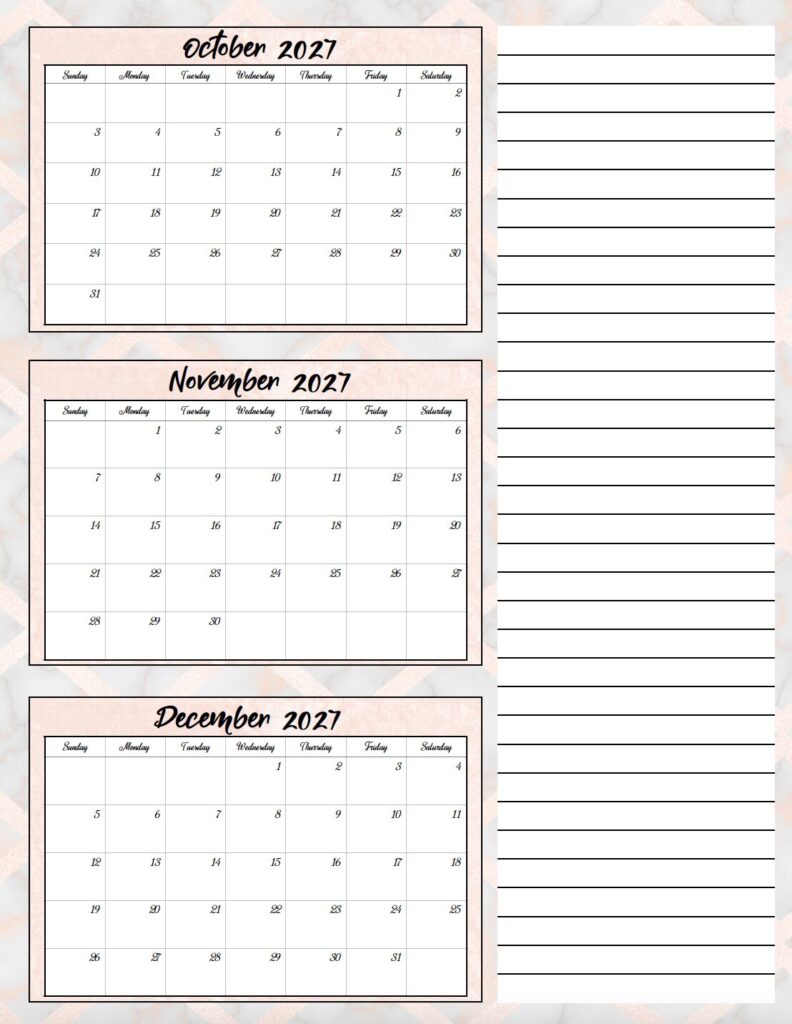 Download an elegant free printable 2027 three month calendar PDF with rose gold and gray marble accents. This stylish quarterly calendar for 2027 is perfect for organizing work, school, family schedules, and appointments.