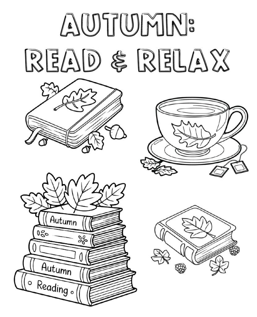 Curl up with the cozy feeling of fall! This free printable “Autumn: Read and Relax” coloring page features books, a warm drink, and cozy autumn vibes. Perfect for quiet time, homeschool activities, classroom fun, and family fun.