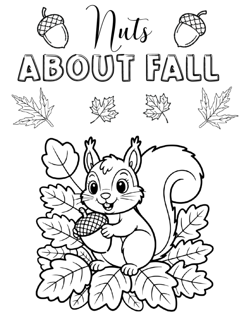 Free printable chipmunk coloring page for kids! Featuring a cheerful fall theme with acorns and leaves, it's a fun autumn activity for classrooms, homeschool lessons, quiet time, and autumn celebrations.