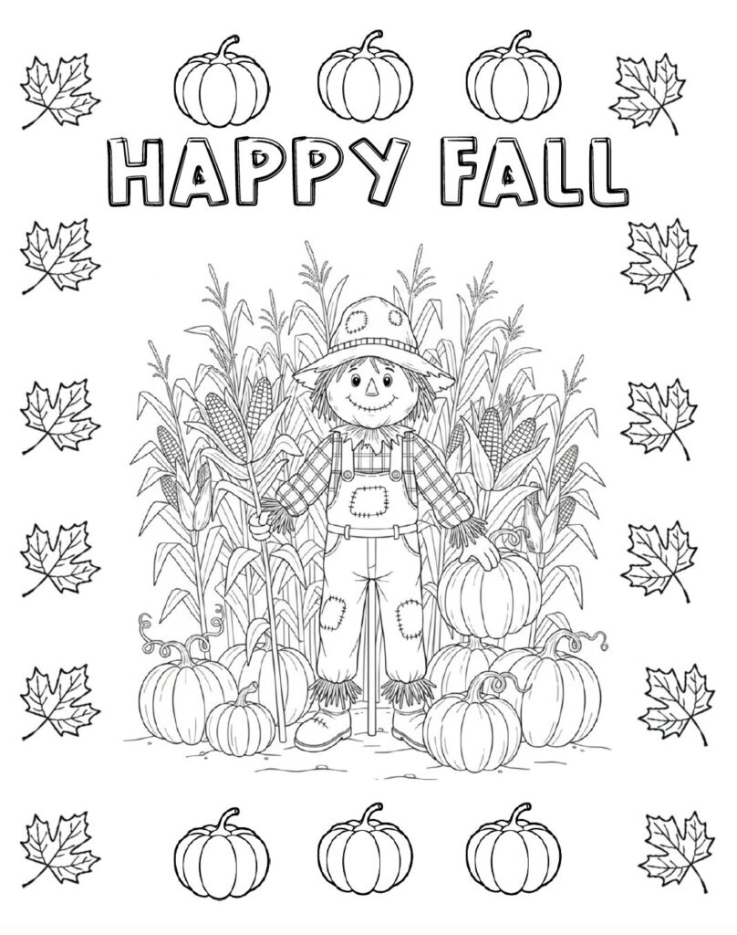 Free printable scarecrow coloring page for kids. This fun fall coloring sheet is perfect for rainy days, classroom activities, homeschool lessons, and autumn celebrations.