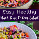 This quick and easy black bean and corn salad combines corn, black beans, tomatoes, jalapeños, red onion, red pepper, cilantro, and lime for a flavor-packed salad. No mayo, naturally gluten-free, and a healthy side dish.