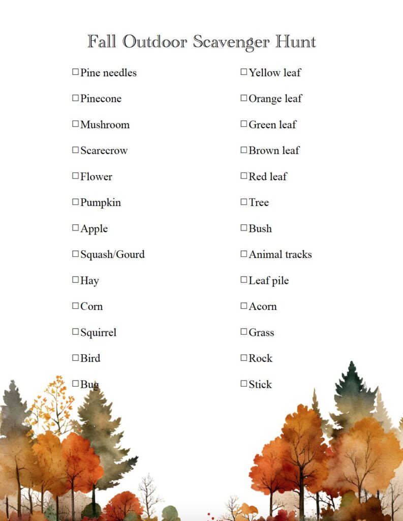 This Outdoor Fall Scavenger Hunt printable is a fun way to get kids outside this autumn! Download the free PDF and search for colorful leaves, acorns, pinecones, birds, pumpkins, and other signs of fall. Perfect for nature walks, classrooms, homeschool, and family activities.
