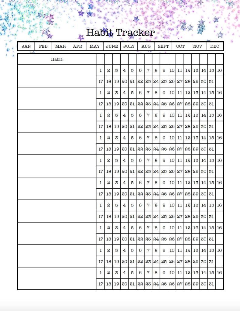 Download this free printable monthly habit tracker PDF featuring a built-in month selector. Circle or color the current month, track your daily habits, and print again.
