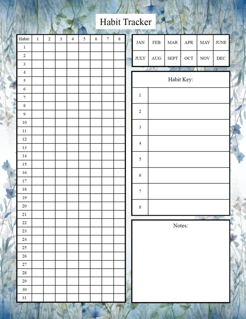 Download this free printable monthly habit tracker PDF featuring a built-in month selector. Circle or color the current month, track your daily habits, and print again. Room for notes.
