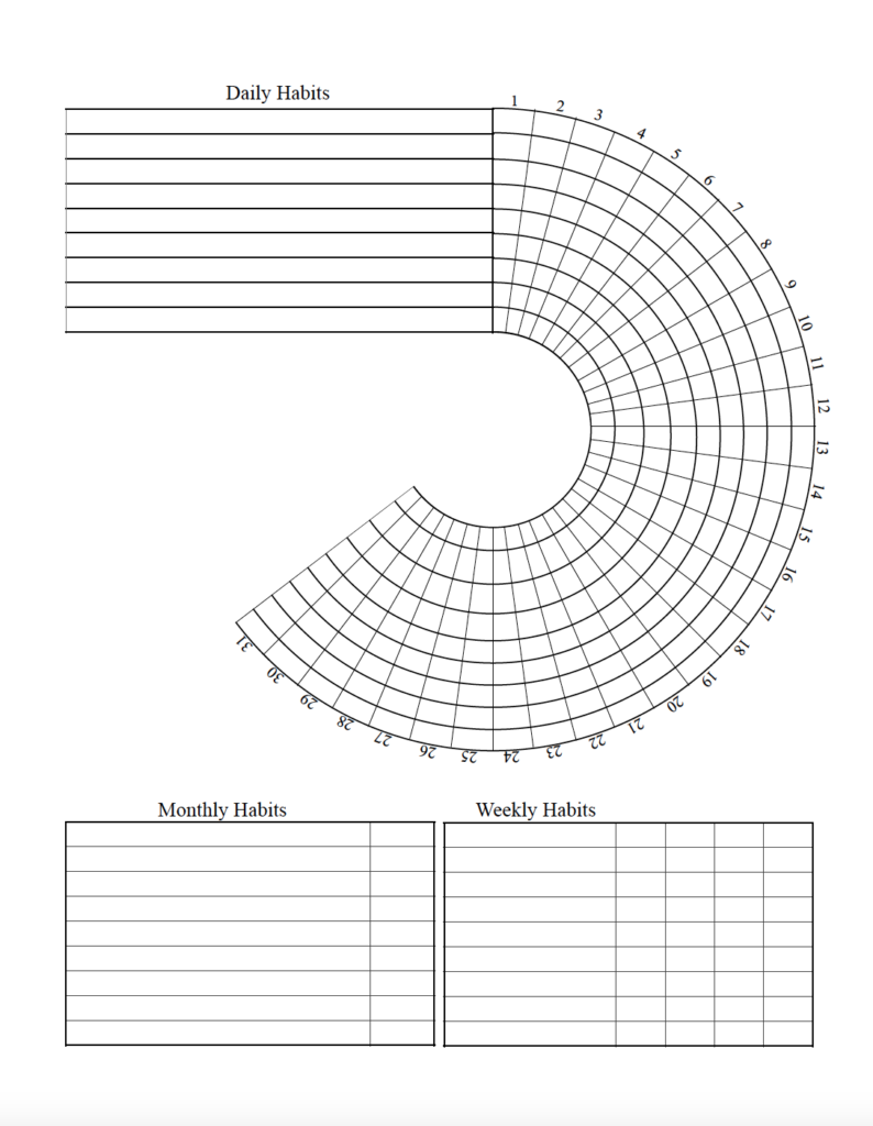 Save printer ink with this free black and white circle habit tracker printable PDF. Track up to 9 daily habits using the popular circular layout in a clean, printer-friendly design. Has room for weekly and monthly habits as well.