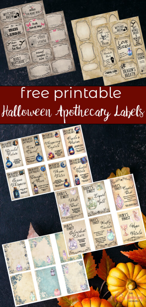 Create a spooky Halloween apothecary display with these free printable apothecary labels! This collection includes vintage labels, fairy apothecary labels, blank labels, and potion bottle labels in multiple sizes for jars, bottles, party décor, and Halloween decorating.