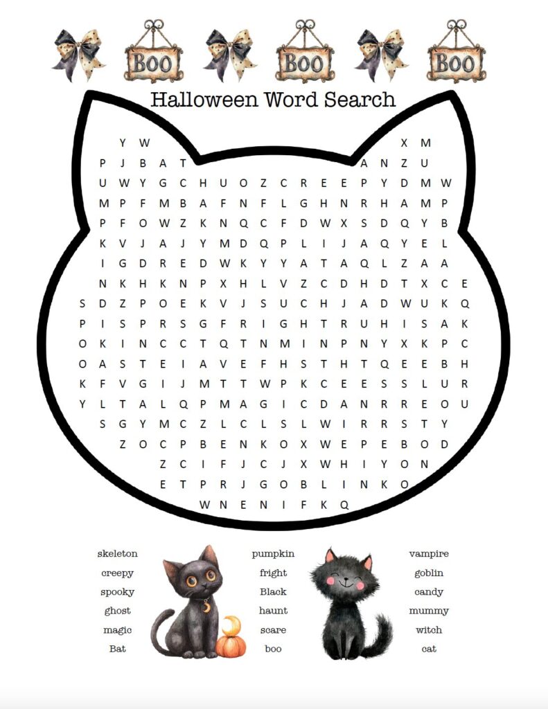 Cat Halloween word search free printable PDF for kids. Print this fun Halloween activity for classrooms, homeschool, Halloween parties, or just a fall afternoon.