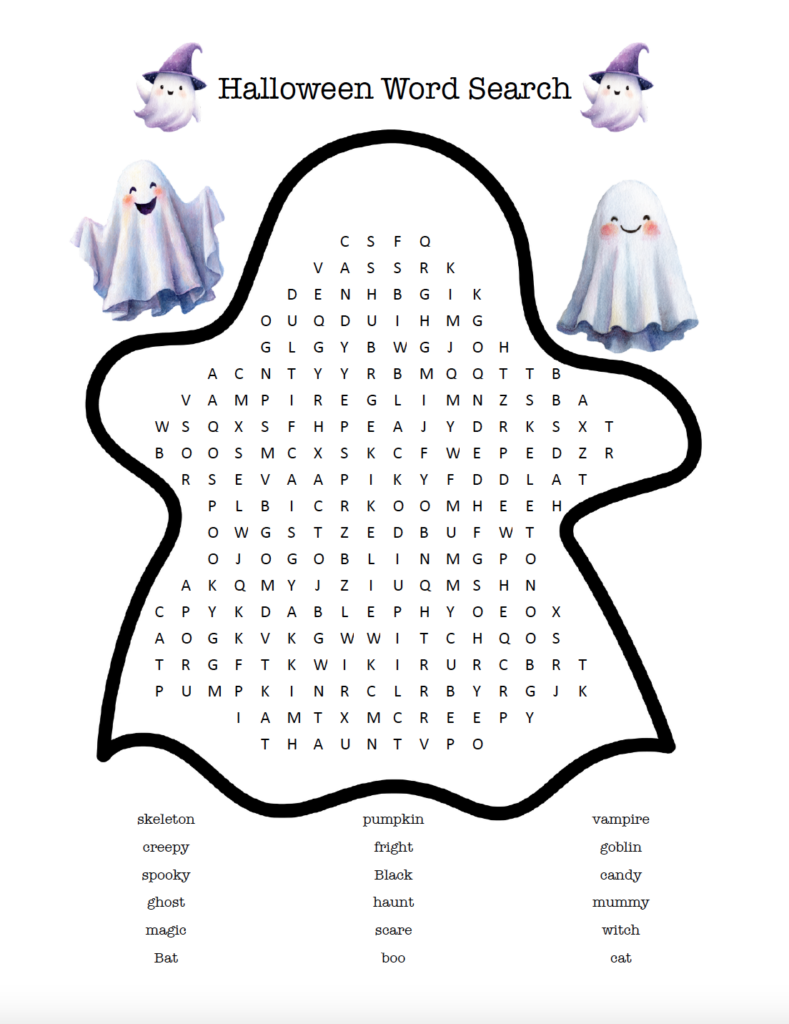 Ghost Halloween word search printable PDF for kids. This free Halloween activity is perfect for classroom parties, homeschool lessons, trick-or-treat events, or family fun.
