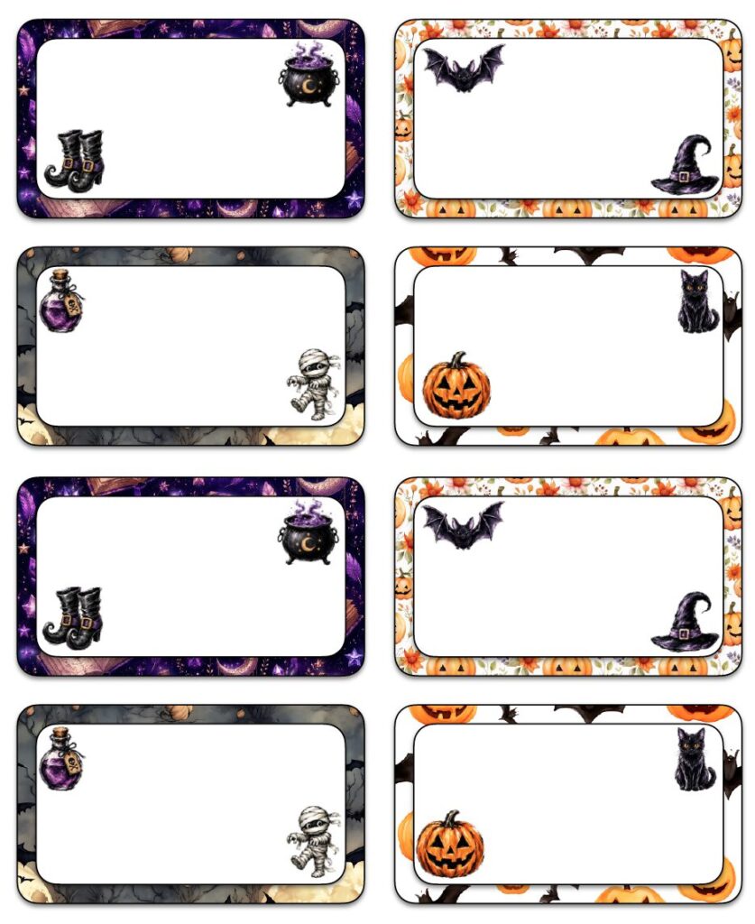 Use these free printable Halloween name tags for classroom parties, office events, trick-or-treat gatherings, or family celebrations. The larger label size also works well for gifts, party favors, and welcome tags.