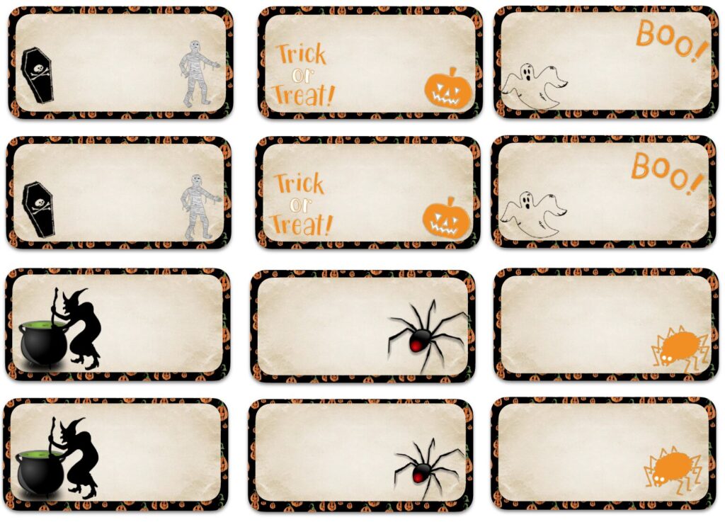 These free printable Halloween labels are a great size for treat bags, mason jars, party favors, and small gifts. Print at home and use them for Halloween parties, classroom events, or trick-or-treat goodies.