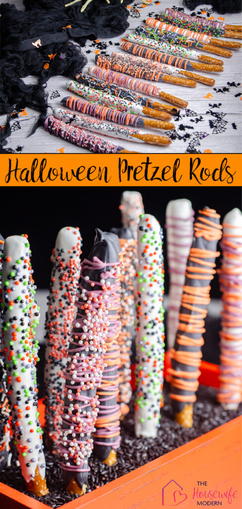 Make these easy Halloween chocolate covered pretzels with candy melts, colorful sprinkles, and simple decorating ideas. These Halloween pretzel rods are perfect for Halloween parties, classroom treats, dessert tables, and fun family baking.