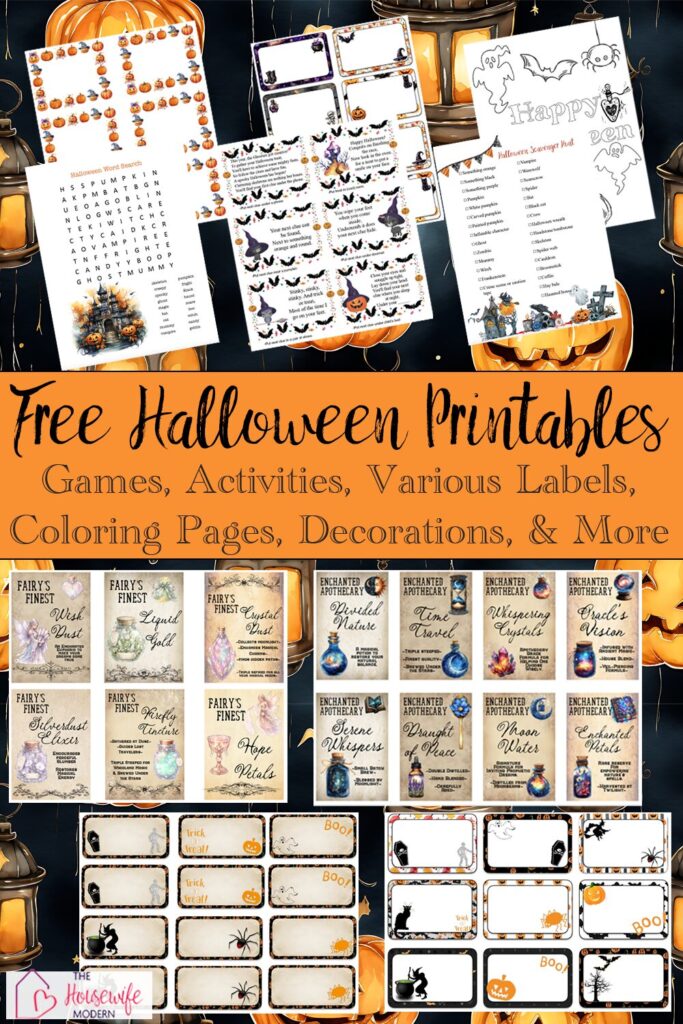 Browse free Halloween printables including coloring pages, word searches, scavenger hunts, labels, bucket lists, apothecary labels, and more.
