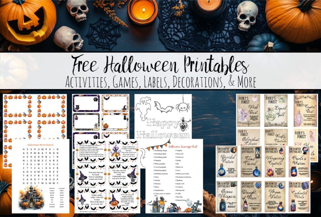 Featured image for a variety of free Halloween printables page