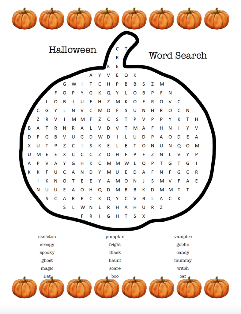Pumpkin-themed Halloween word search free printable. Download this fun, easy PDF puzzle for kids featuring Halloween words in a festive pumpkin-shaped design.