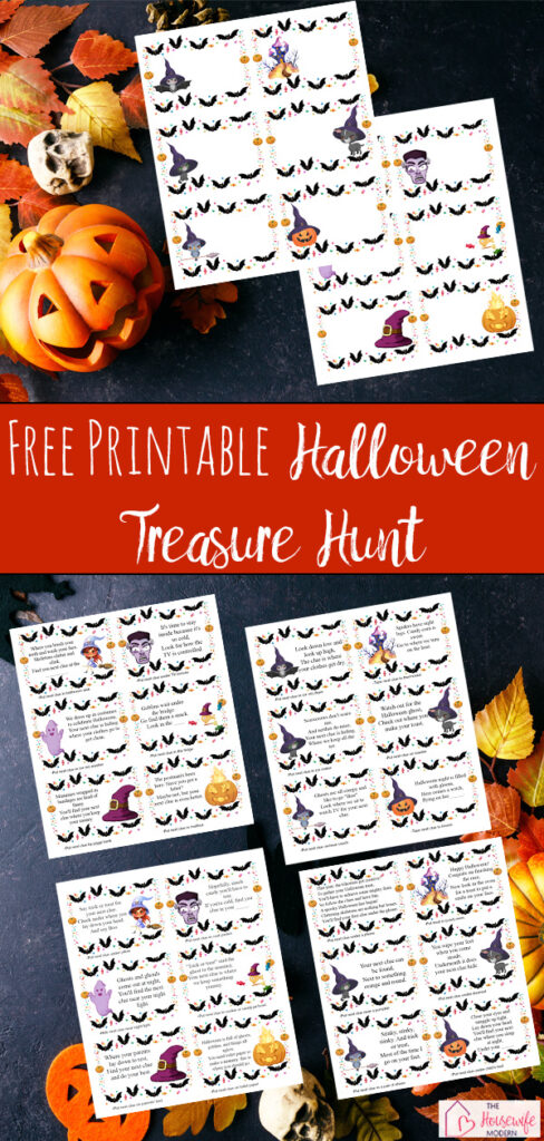 Free printable Halloween treasure hunt for kids with 24 mix-and-match clue cards and 2 pages of blank clue cards. Simply print, hide the clues, and send kids on a fun Halloween adventure to discover the final prize.
