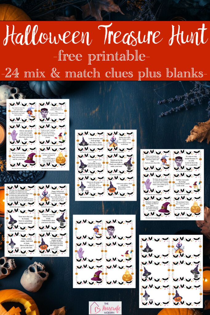 Free printable Halloween treasure hunt for kids! Includes 24 mix-and-match clue cards plus blank clue cards. Many families call this a Halloween scavenger hunt, but it's a clue-based treasure hunt—just print, hide the clues, and let the fun begin!