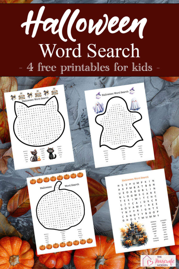 Halloween word search free printable! Download four PDF easy word search puzzles for kids featuring Halloween words and fun seasonal designs. Perfect for classrooms, homeschool, Halloween parties, fall festivals, and family activities.