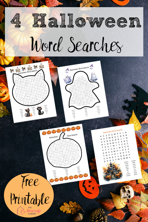Halloween word search for kids that's fun and easy! Download four free printable Halloween word search PDFs, including pumpkin, ghost, cat, and traditional puzzle designs. Great Halloween classroom printable.