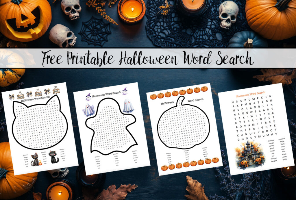 Featured image for free printable Halloween word searches for kids.
