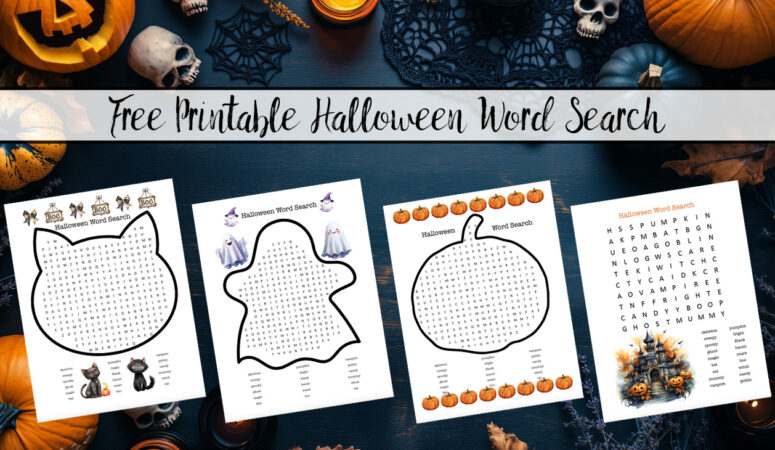 Featured image for free printable Halloween word searches for kids.