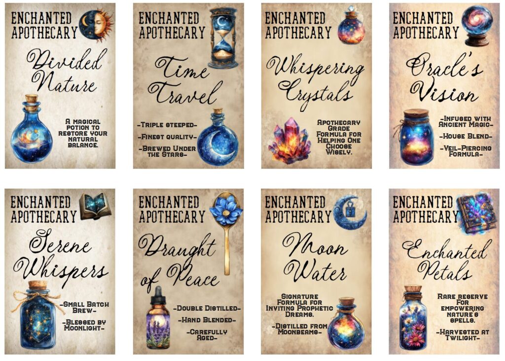 Bring a little magic to your bottles with these free printable Enchanted Apothecary labels! This whimsical collection features potion labels like Moon Water, Whispering Crystals, Oracle's Vision, and Enchanted Petals. Sized at 2