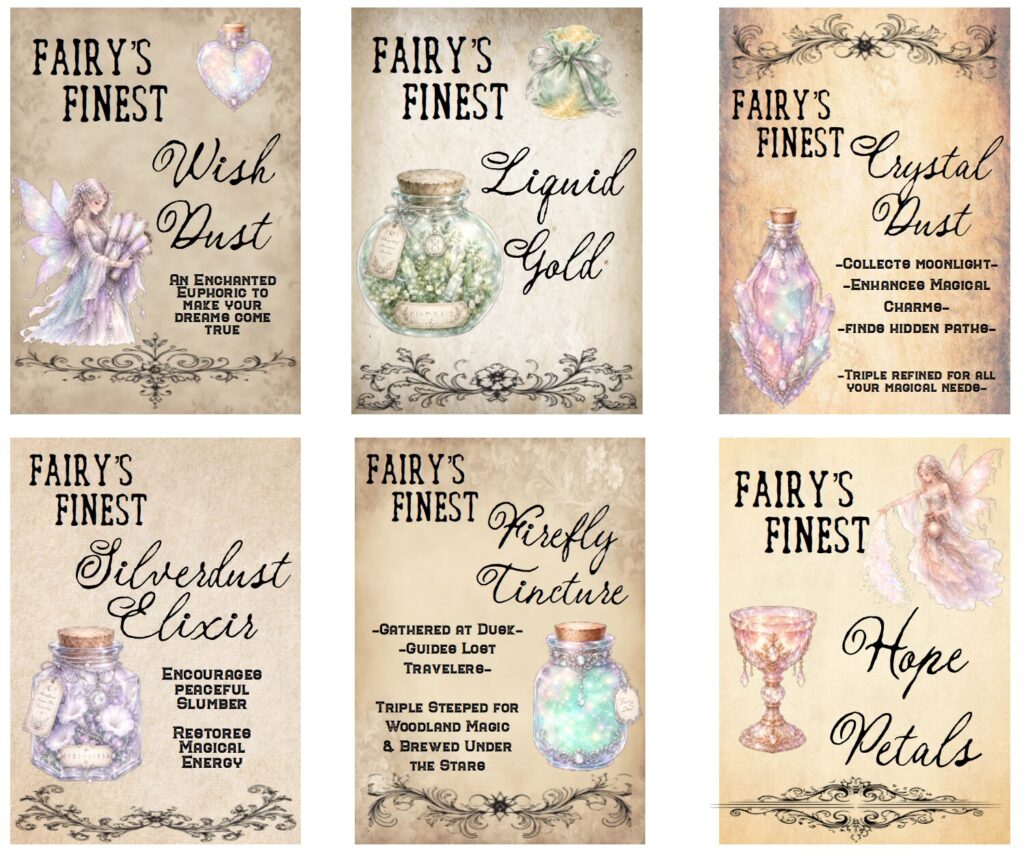 Create magical bottles with these free printable fairy apothecary labels! This whimsical set includes potion labels inspired by fairy gardens and enchanted forests. The printable labels are a standard 2.5