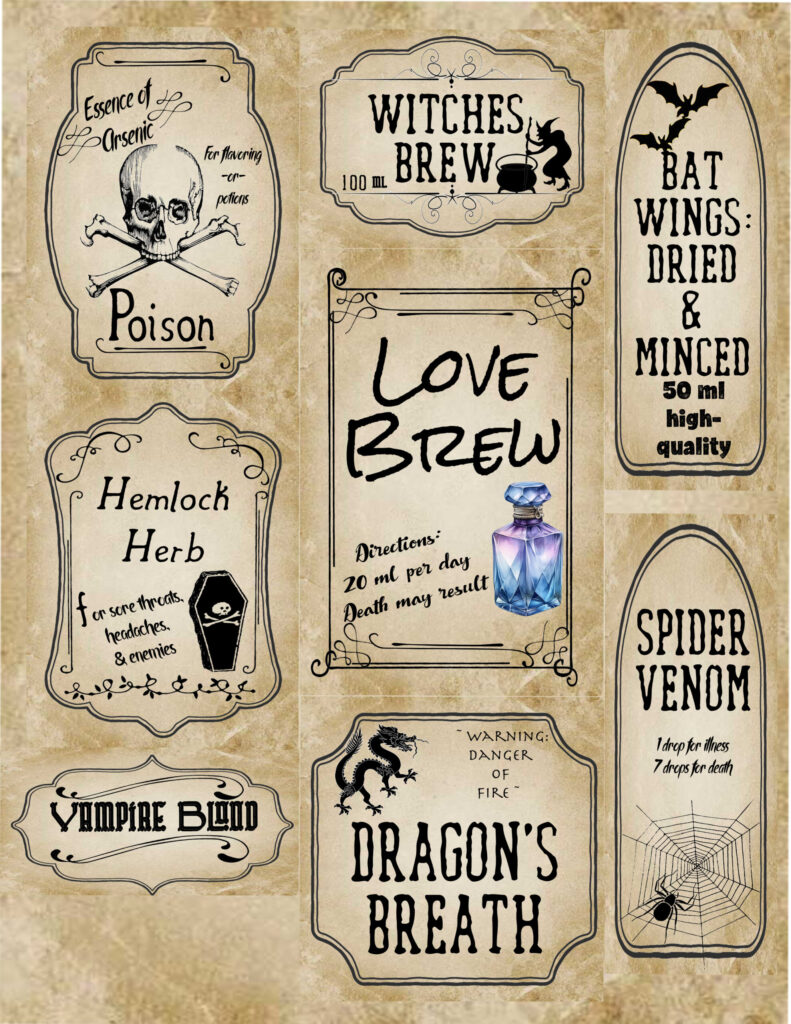 Decorate bottles and jars with these free printable vintage apothecary labels! This collection of antique apothecary labels includes multiple sizes with traditional potion names like Dragon's Breath, Love Brew, and Spider Venom. Perfect for Halloween displays, apothecary cabinets, and DIY potion bottles.