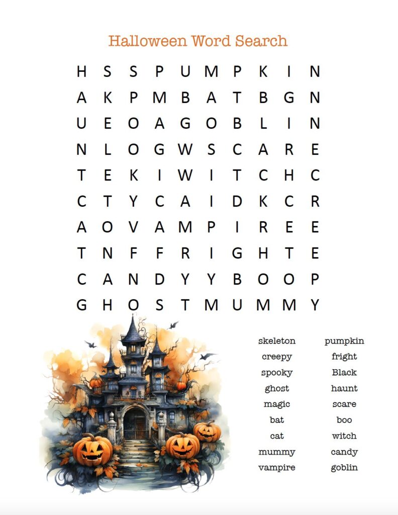 Halloween word search free printable PDF with a traditional puzzle layout that's perfect for kids. Easy puzzle Great for classrooms, homeschool, Halloween parties, and fall activities.