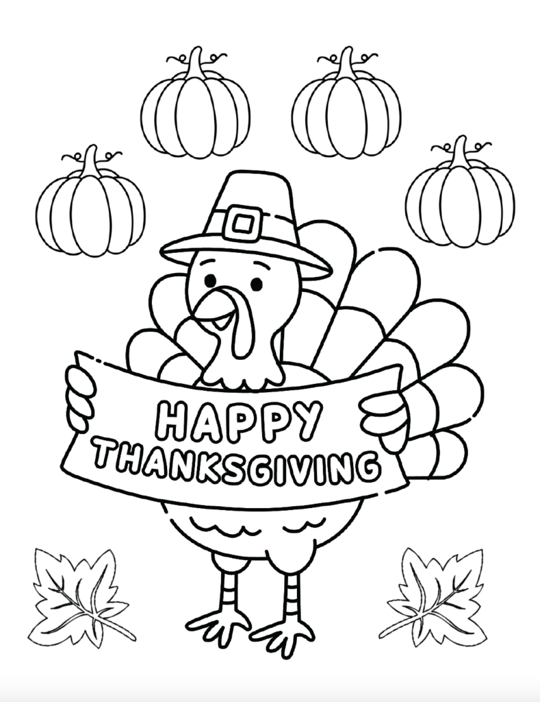 This cute Thanksgiving coloring page is a fun and easy printable PDF for kids! Print it for Thanksgiving parties, classroom activities, homeschool, or family celebrations.
