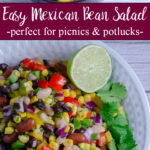 Easy Mexican bean salad is packed with corn, three kinds of beans, colorful peppers, and cilantro tossed in a fresh lime dressing. This make ahead healthy side dish is perfect for summer BBQs, potlucks, picnics, and meal prep.