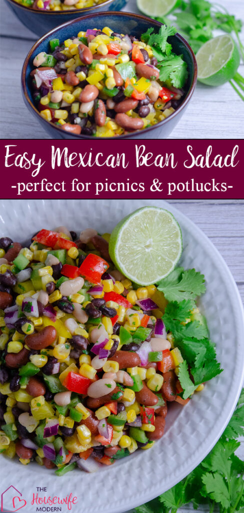 Easy Mexican bean salad is packed with corn, three kinds of beans, colorful peppers, and cilantro tossed in a fresh lime dressing. This make ahead healthy side dish is perfect for summer BBQs, potlucks, picnics, and meal prep.