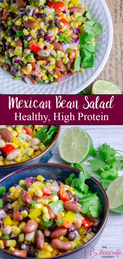Looking for a healthy side dish? This easy Mexican bean salad combines corn, three kinds of beans, crisp bell peppers, red onion, jalapeño, and cilantro with a homemade lime dressing. It's full of fresh flavor, naturally high in fiber and protein, and great for cookouts and potlucks.