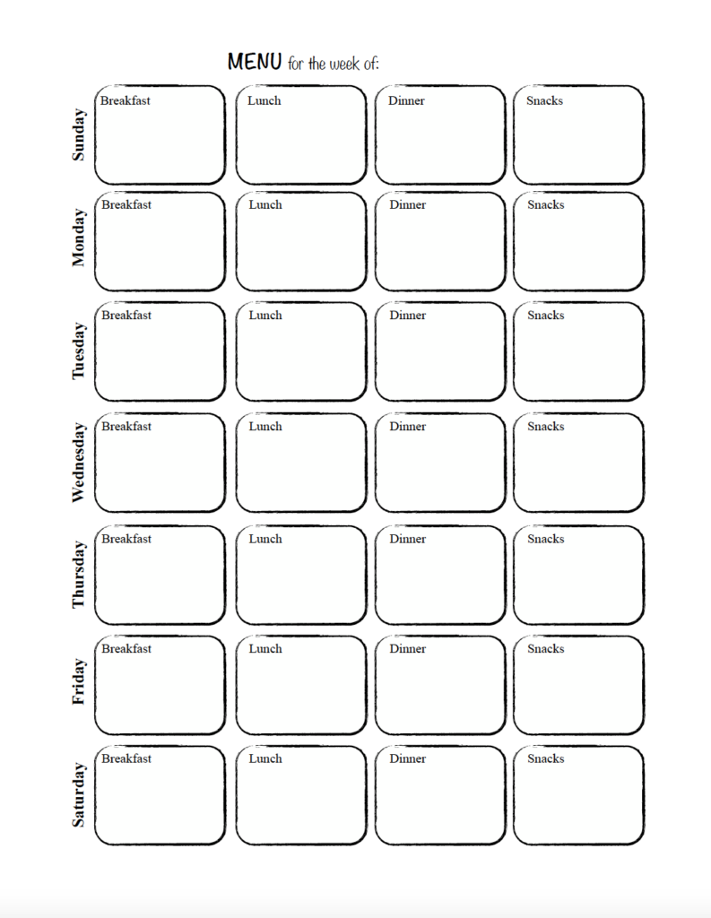 Download this free printable weekly meal planner with a clean black-and-white design that's easy to print at home. Plan breakfast, lunch, dinner, and snacks all week on one page.