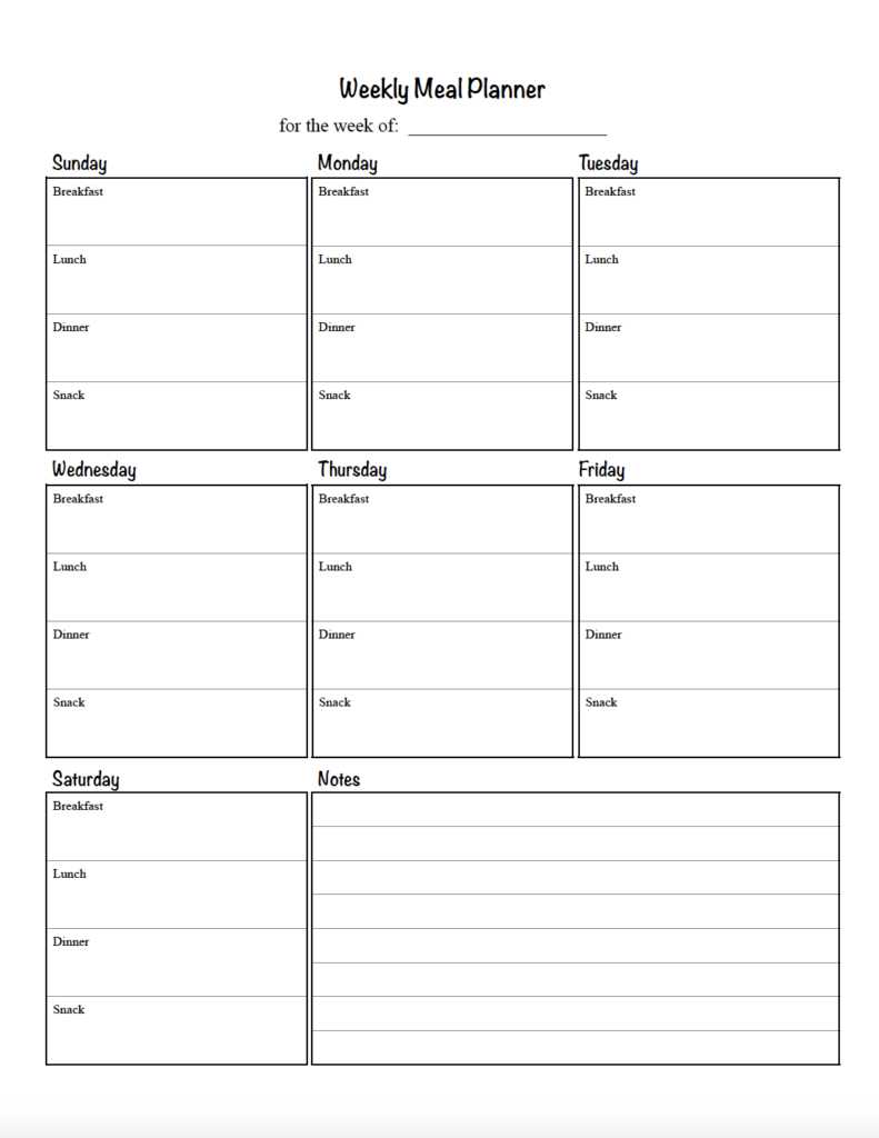 Keep meal planning simple with this free printable weekly meal planner. The clean black-and-white design includes space for breakfast, lunch, dinner, snacks, and notes, making it easy to organize your meals each week.