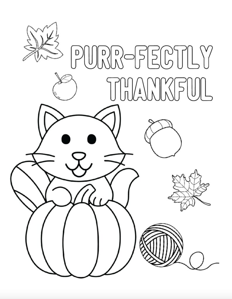 Looking for Thanksgiving cat coloring pages? Download this free printable PDF featuring a cute cat with a pumpkin, fall leaves, apples, and a fun