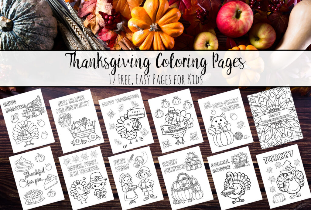 Title image for 12 free printable Thanksgiving coloring pages for kids