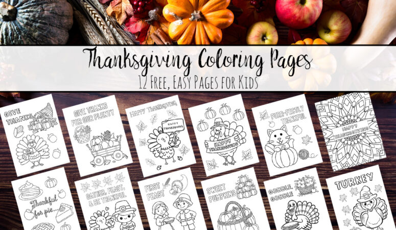 Title image for 12 free printable Thanksgiving coloring pages for kids