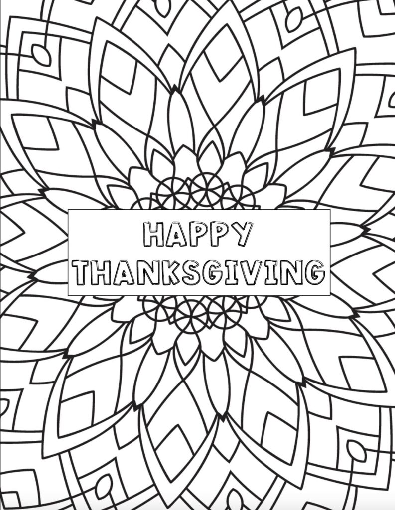 Print this free Thanksgiving mandala coloring page! This easy printable PDF features a Happy Thanksgiving design that's fun for kids to color at home or in the classroom.