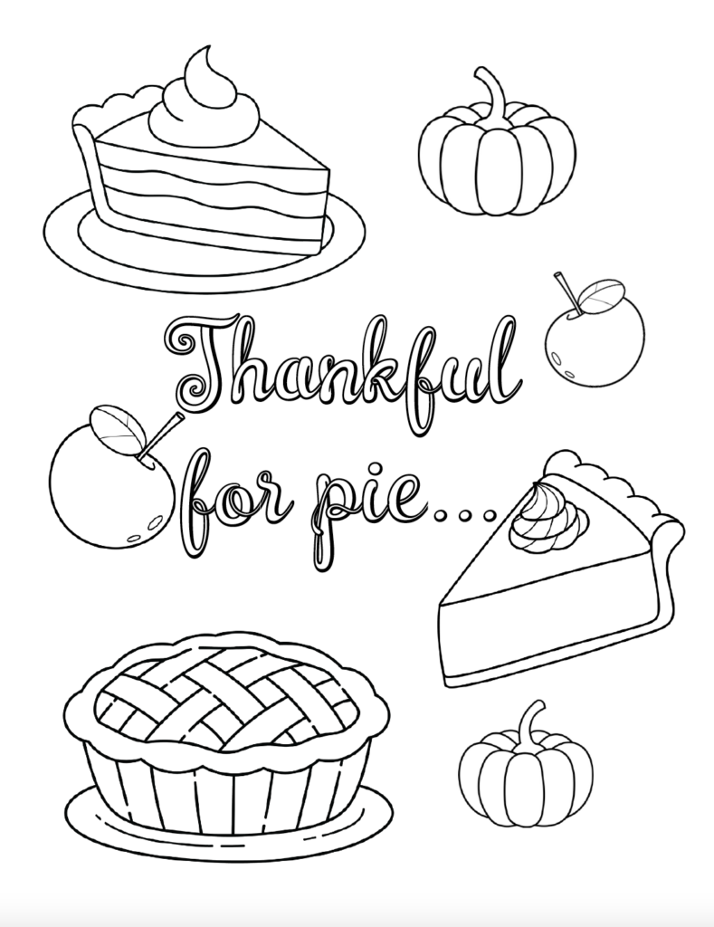 Looking for a Thanksgiving pie coloring page? Download this free printable PDF featuring pie, pumpkin, apples, and a fun