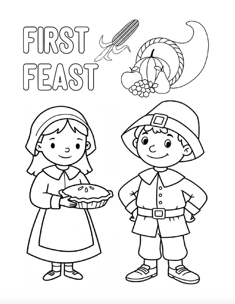 Download this free Thanksgiving pilgrim coloring page featuring a pilgrim man, pilgrim woman, cornucopia, and First Feast design. A printable PDF that's perfect for kids.