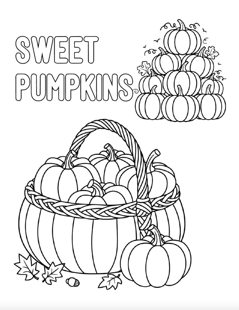 Looking for a Thanksgiving pumpkin coloring page? Download this free printable PDF featuring a basket of pumpkins, a pumpkin pile, and a fun