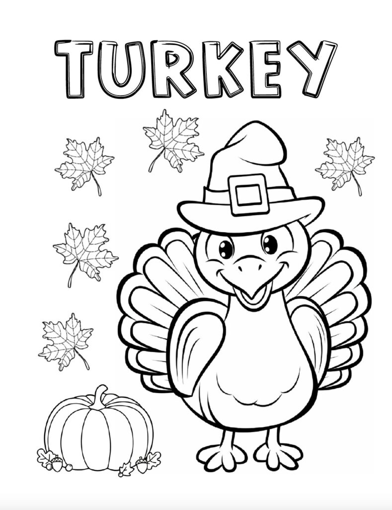 Download this free Thanksgiving turkey coloring page printable PDF featuring a festive turkey, pumpkin, and fall leaves. Perfect for Thanksgiving activities at home, school, or homeschool.