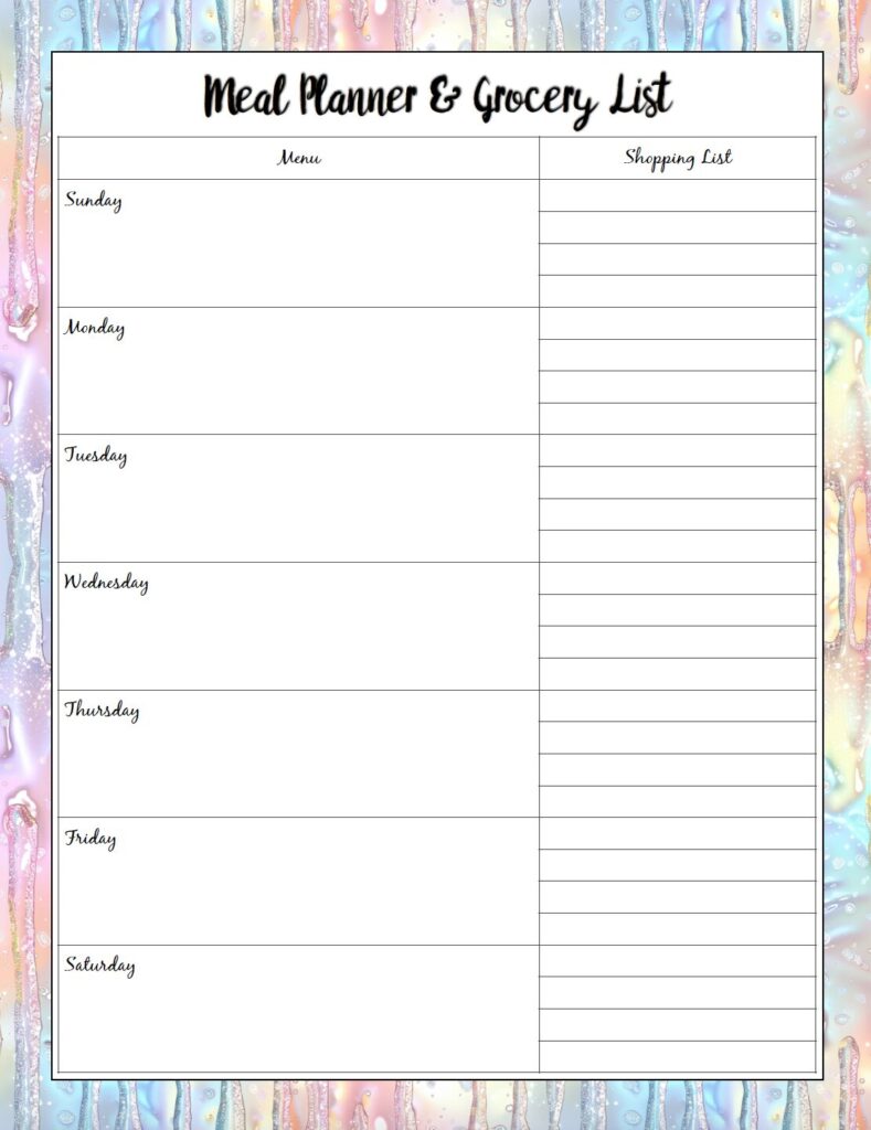 Get organized with this pretty weekly meal planner with grocery list printable! This free printable meal planner has open space for planning meals plus a grocery list section to simplify meal planning and grocery shopping. Download the PDF and print at home.